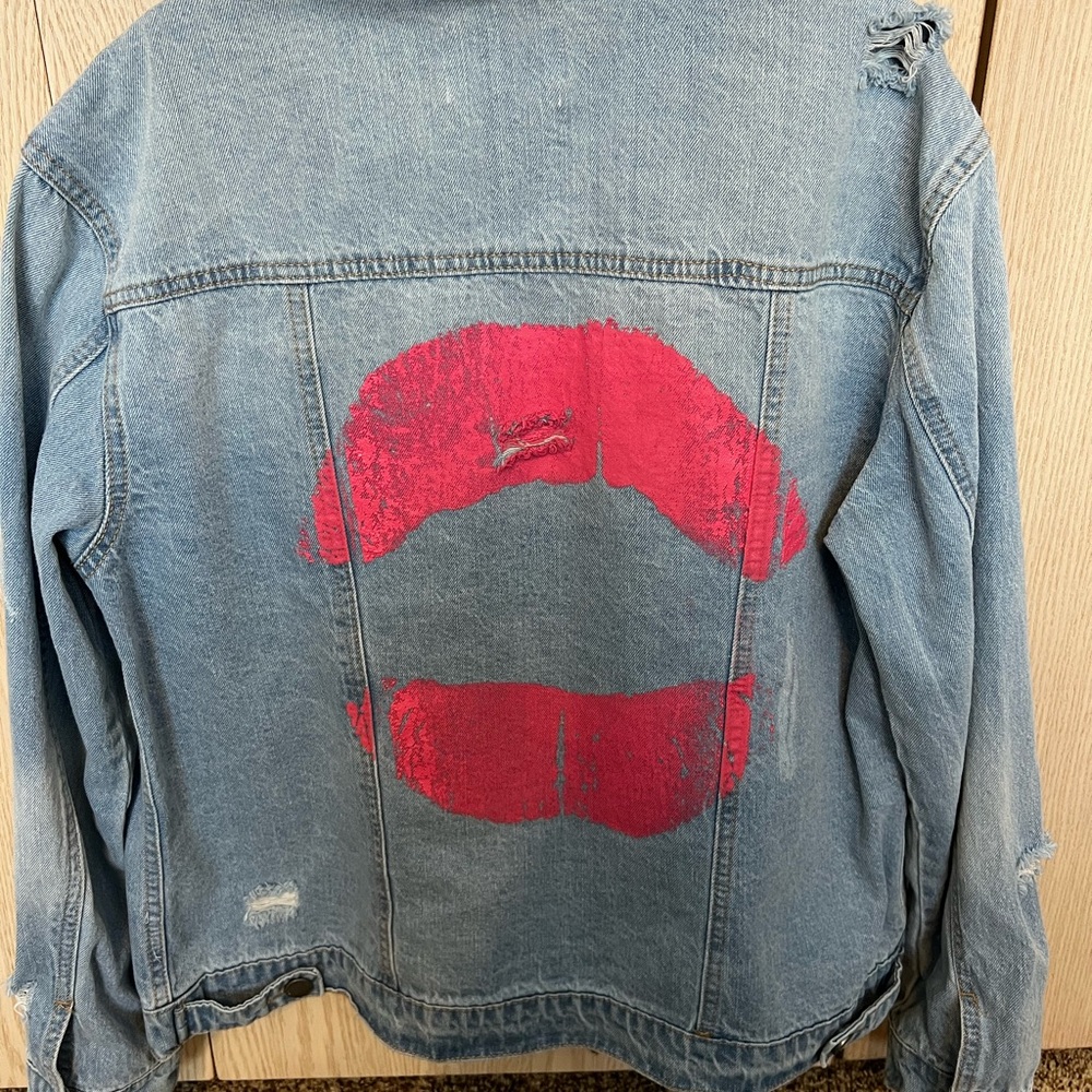Womens oversized jean jacket with kiss 💋 on back